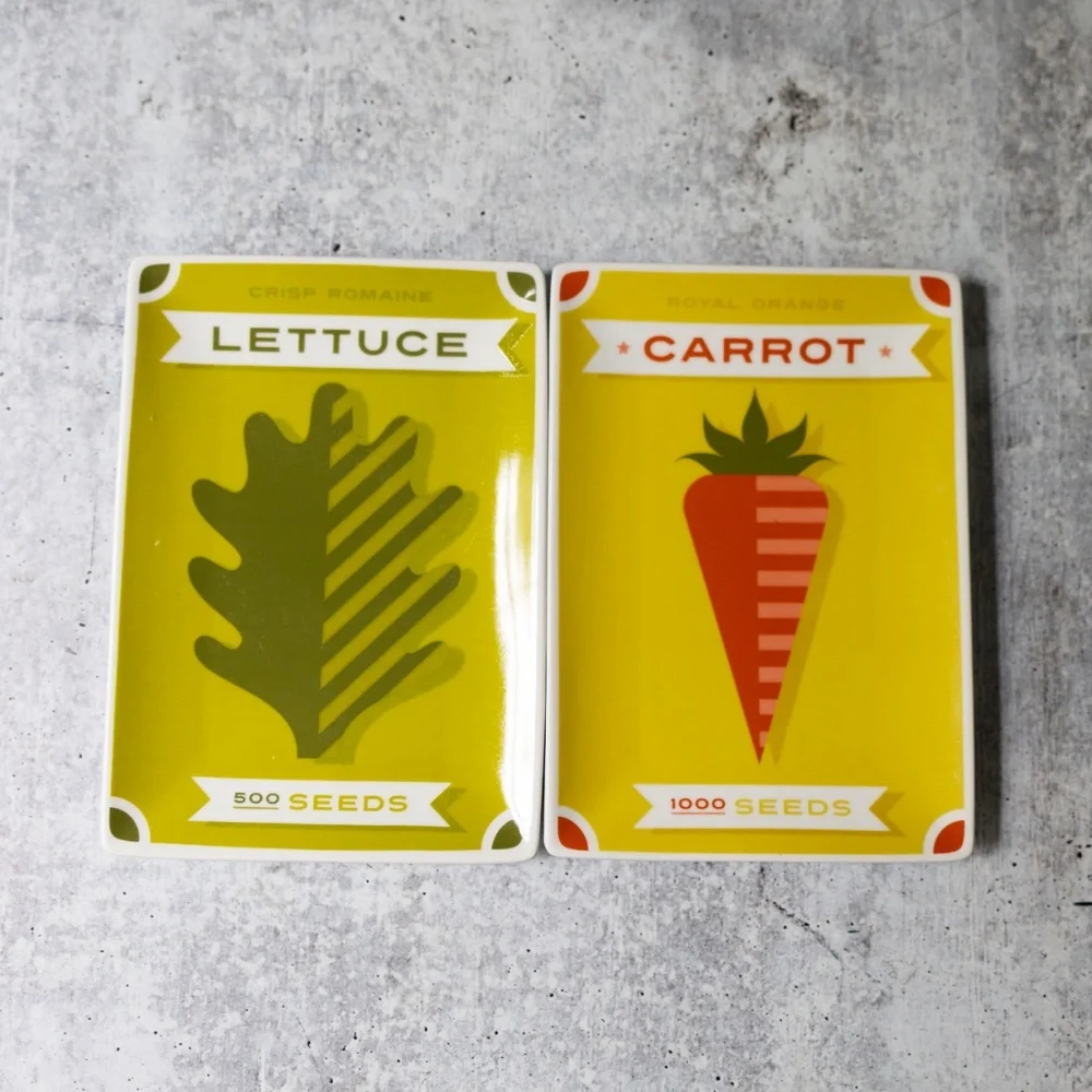Set of 6 Vegetable Seed Packet Appetizer Snack Plates CRATE & BARREL Ceramic EUC